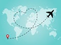 World map with airplane line path in heart form. Romantic and love travel concept Royalty Free Stock Photo